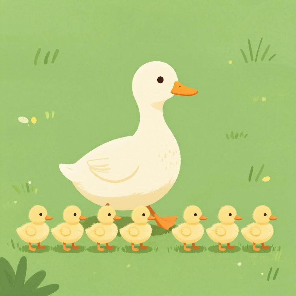 A row of colorful ducklings where a bright yellow mother duck is walking in front of her small fluffy ducklings.