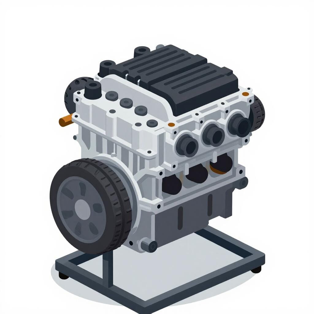 A shiny new car engine sitting on a workbench with a soft glow indicating it is running smoothly.