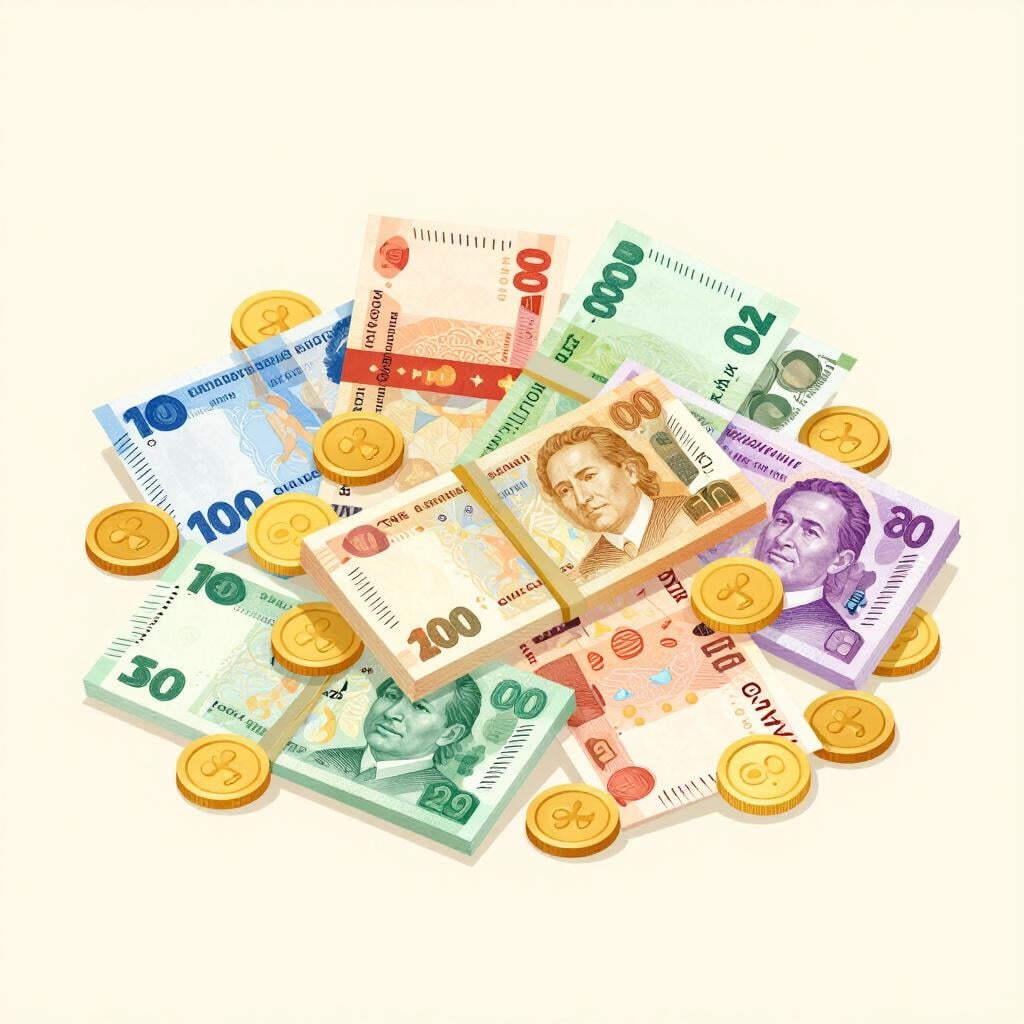 A colorful stack of different paper banknotes and shiny gold coins.