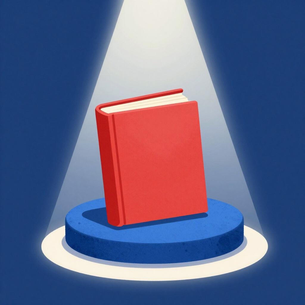 A colorful book placed on a small velvet pedestal with a spotlight shining on it.