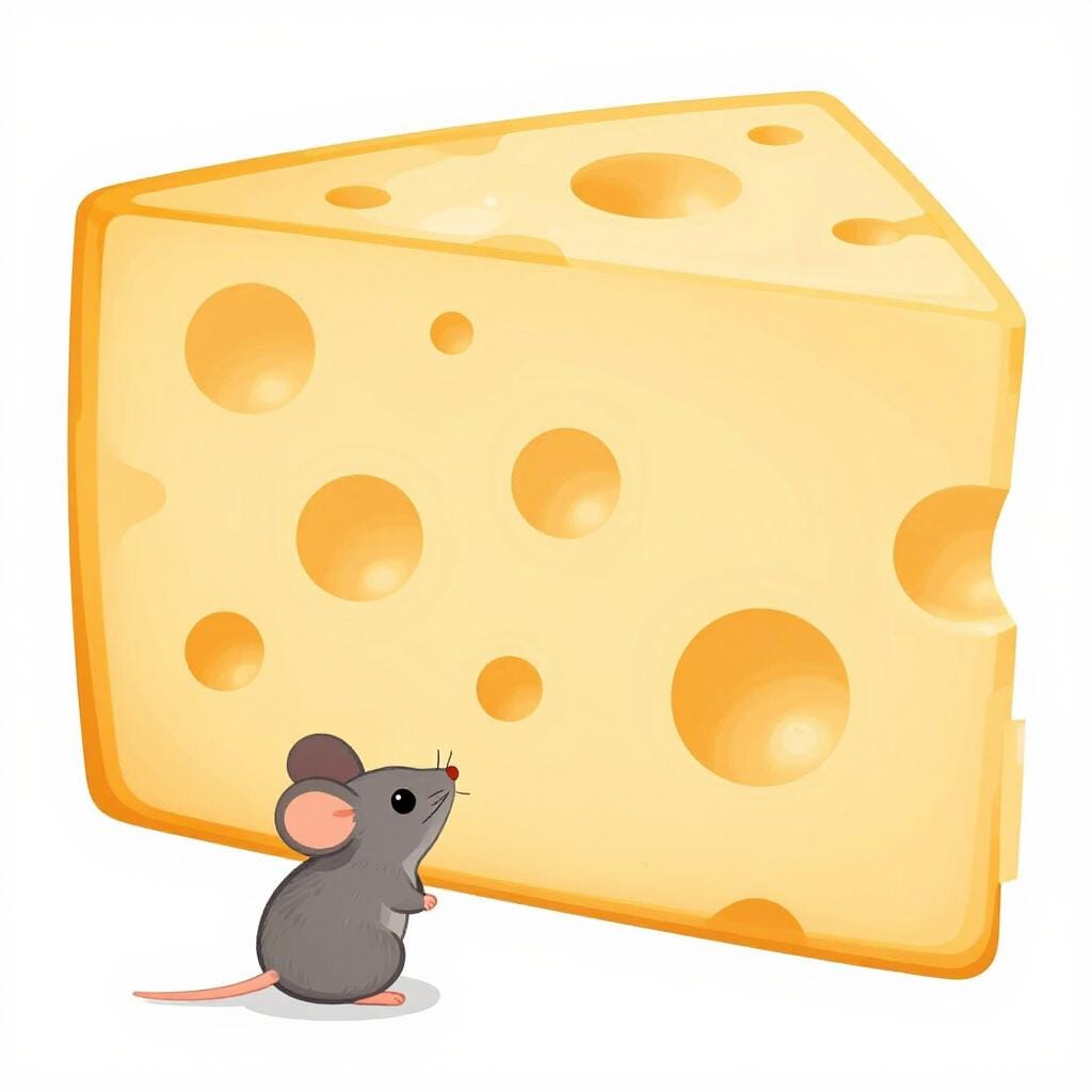 A tiny mouse standing next to a very large wedge of cheese that is many times its size.