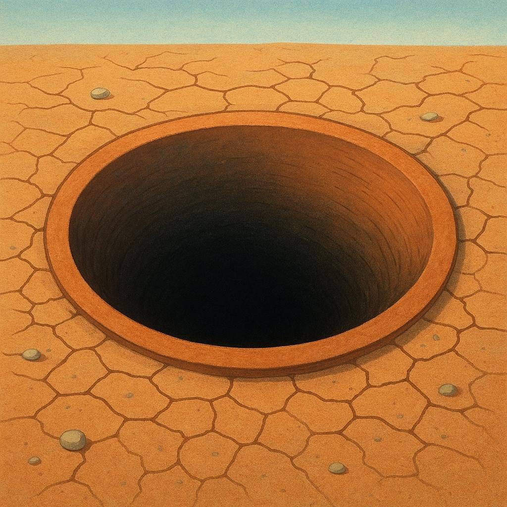 A large, circular, dark, empty hole or pit dug into dry, cracked earth.