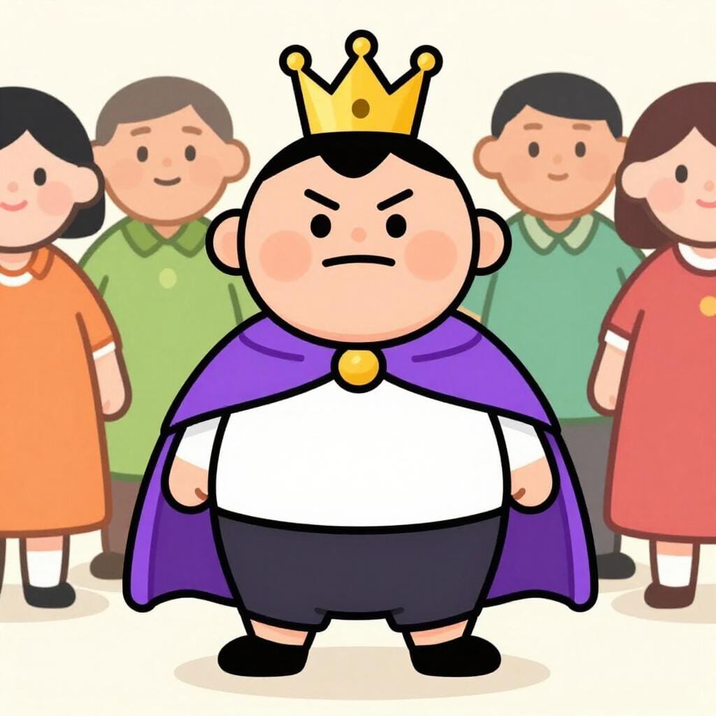 A person walking with their chin held high, wearing a golden crown and a fancy cape, looking down their nose at others.