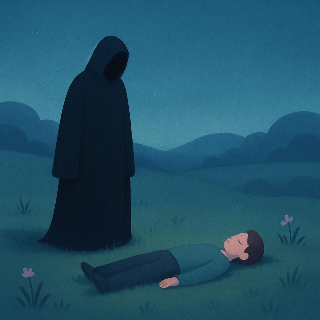 A simplified, dramatic storybook illustration showing a cloaked, menacing figure standing over a single prone, motionless figure lying on the ground, symbolizing the act of being murdered.