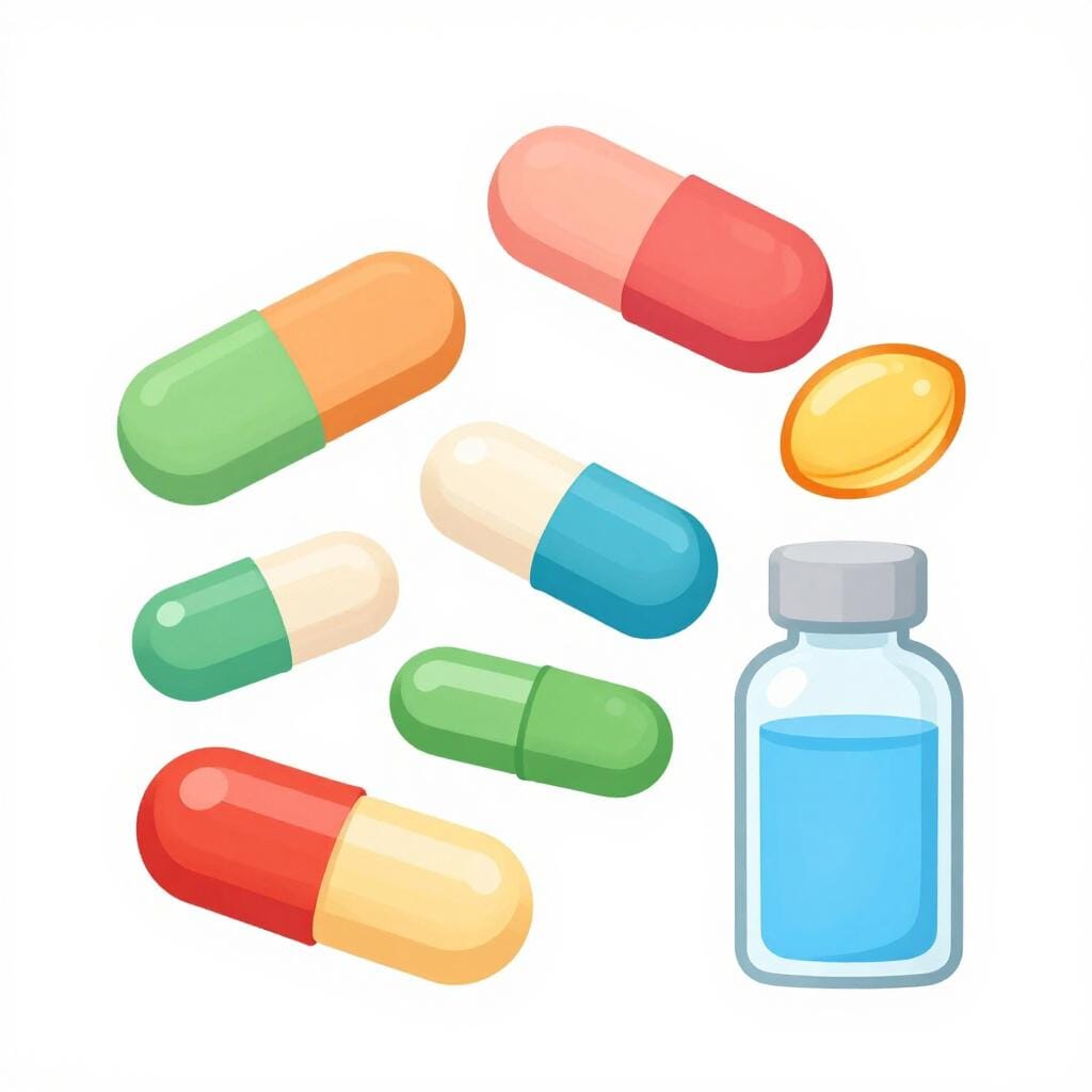 Een verzameling van diverse kleurrijke pillen, capsules en een klein flesje vloeibaar medicijn netjes gerangschikt.