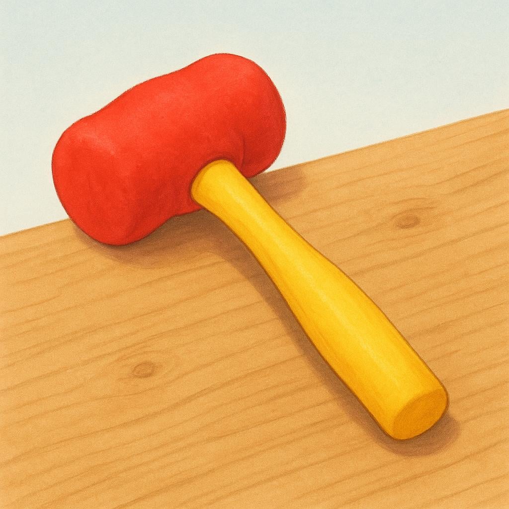 A bright yellow hammer sitting on a wooden surface. Its head is made of soft, floppy red rubber, rendering it completely useless for hammering.