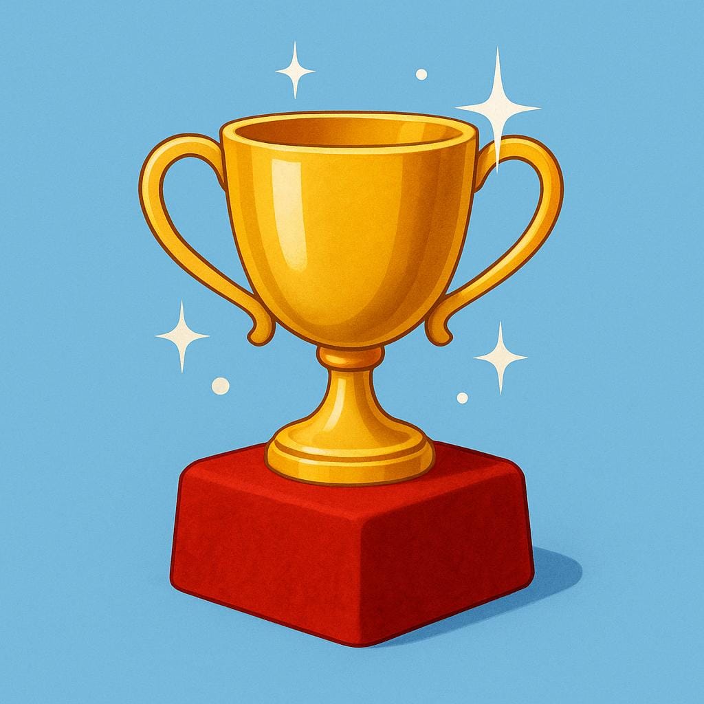 A shiny gold trophy standing on a velvet pedestal, glowing with bright sparkles.