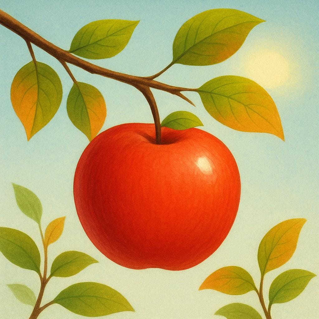 A close-up illustration of a ripe red apple hanging on a tree branch, surrounded by leaves that are just beginning to turn yellow and orange, symbolizing the start of autumn.