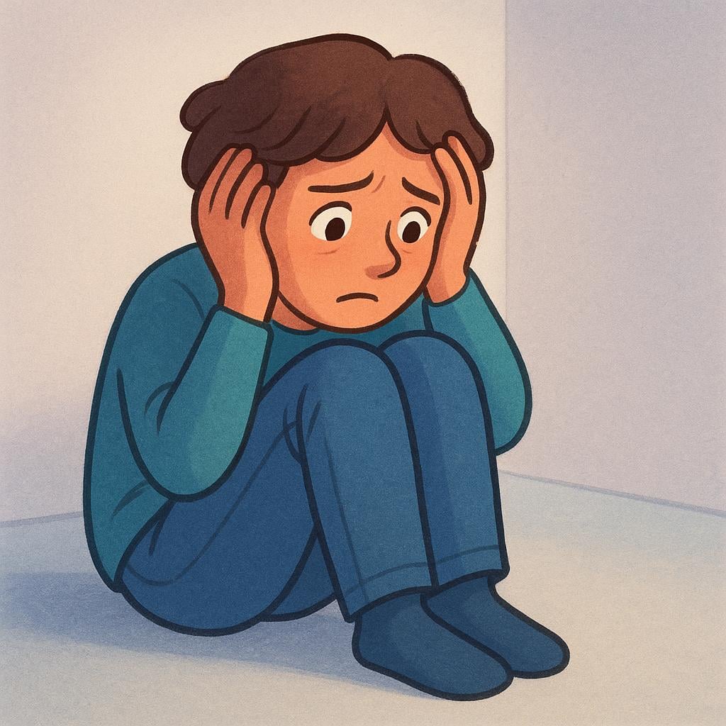 A simple illustration of a young person sitting alone, hunched over with their knees up, holding their head. Their facial expression shows clear anxiety and worry.