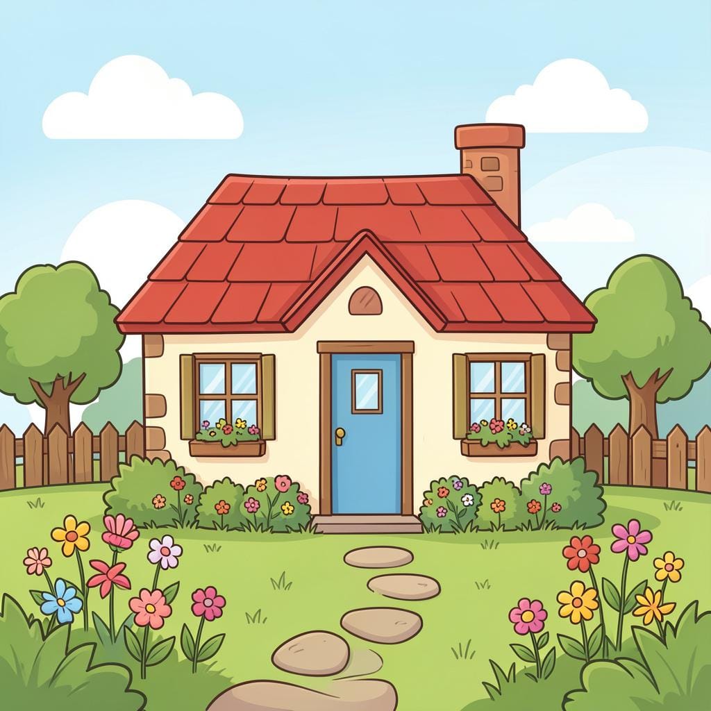 A cozy, colorful house with a small garden and a friendly tree, suggesting a place where someone has made a home.