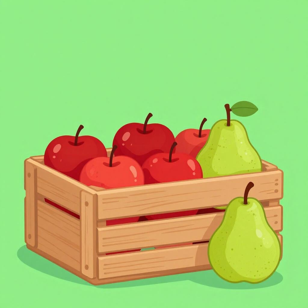 Une rangée de pommes colorées avec une petite poire verte à la fin, le tout contenu dans une seule caisse en bois.