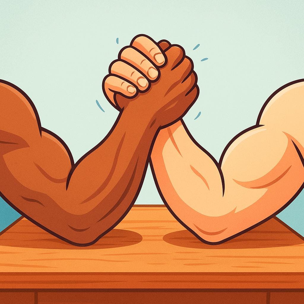An illustration showing two hands vigorously locked together on a table in an arm wrestling match.