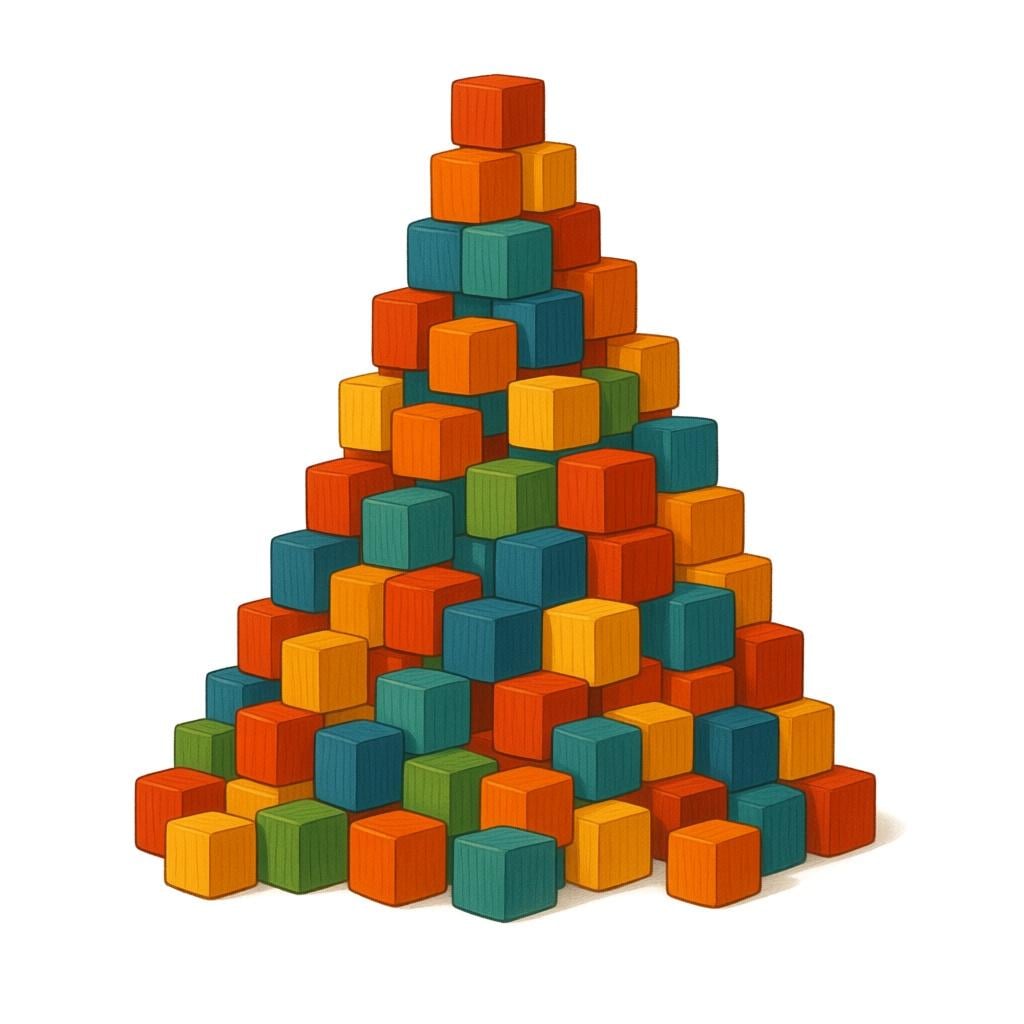 A towering, large pile of brightly colored, simple square wooden blocks stacked high, representing a large quantity.