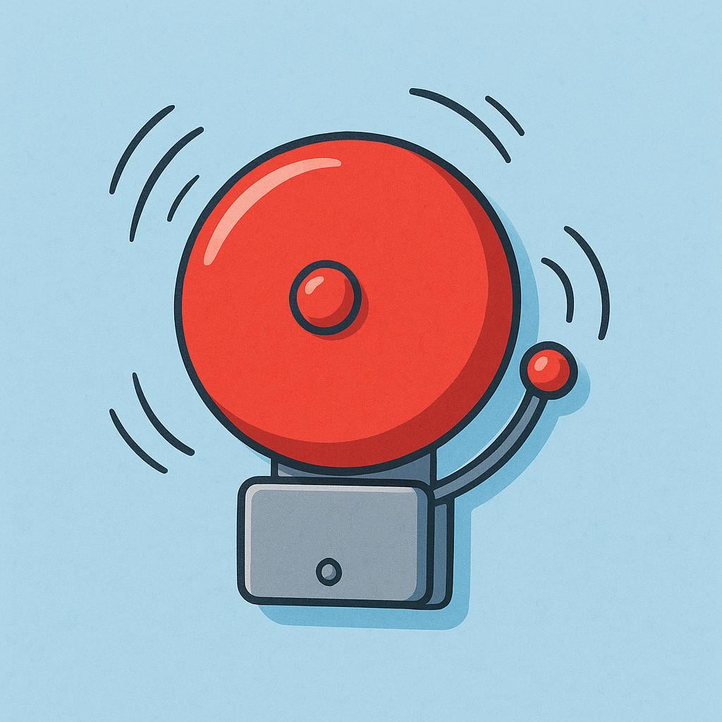 A bright red, round alarm bell mounted on a white wall, clearly vibrating and ringing.