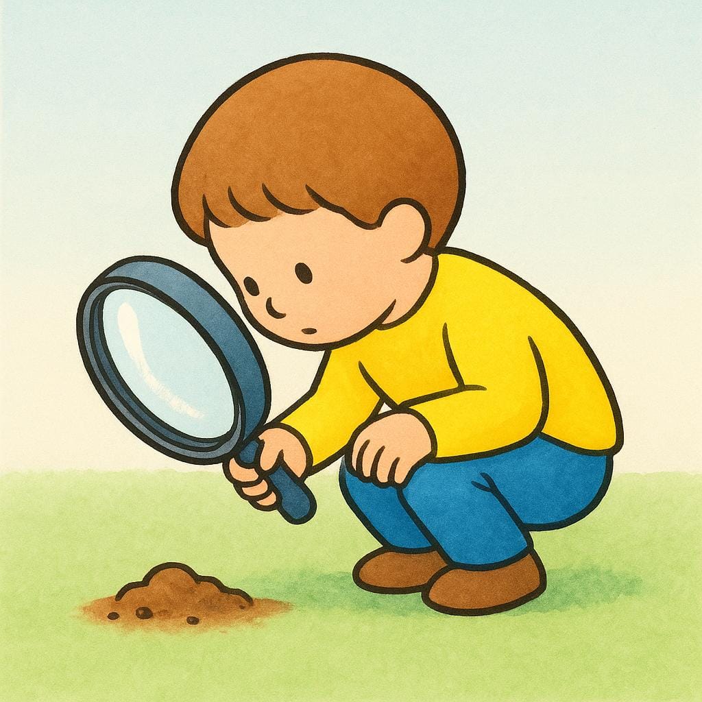 땅을 돋보기로 자세히 살펴보며 무릎을 꿇고 있는 작은 사람의 양식화된 삽화로, 수색 행위를 상징합니다.