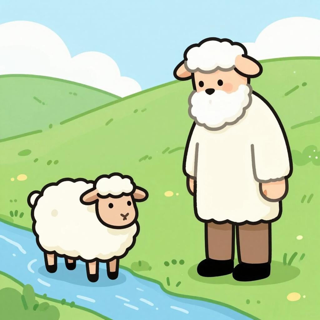 A colorful storybook illustration showing a shepherd looking at a single lost sheep separated from the flock by a small stream.