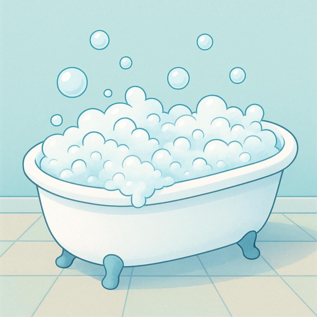 A high quality storybook illustration of a large white bathtub filled with foamy, bubbly water.