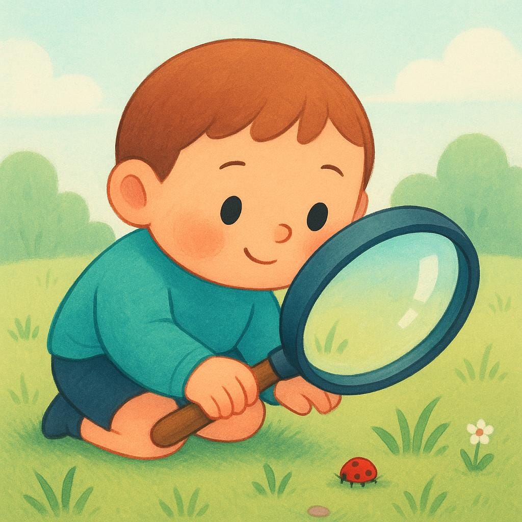 A friendly, simple cartoon character holds a large magnifying glass and peers intently at the ground, actively searching for a small, hidden object.