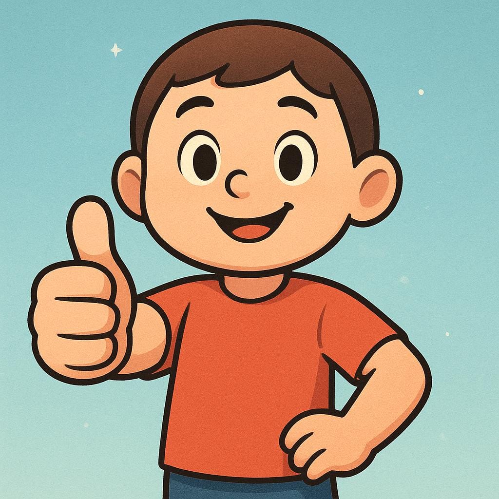 自信満々に力強いサムズアップのジェスチャーをしている、親しみやすい漫画のキャラクター。保証と確固たる約束を象徴しています。