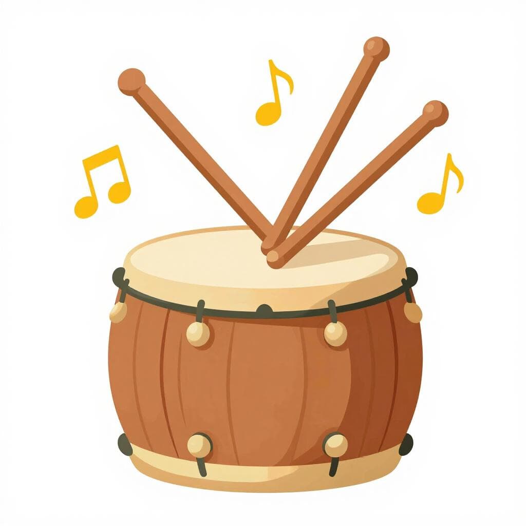A wooden drum with two drumsticks resting on it, surrounded by colorful musical notes.