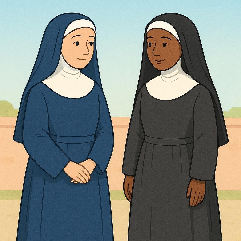 Two women wearing traditional black and white religious habits, standing respectfully, representing nuns.