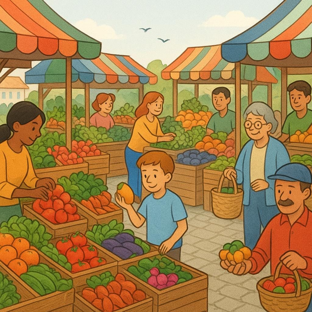 A lively illustration of a traditional food market (plaza) with vendors selling brightly colored produce from wooden stalls.