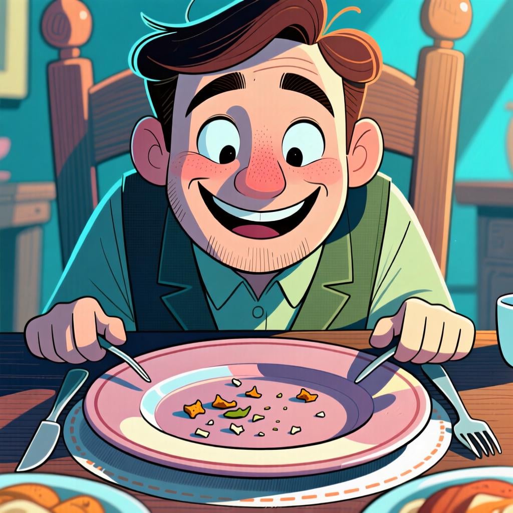 A person looking at their empty plate with a satisfied smile, illustrating an action that 'had' been completed.