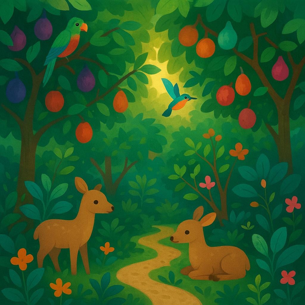 A tranquil, eternal garden scene full of diverse green foliage, ripe fruit hanging from trees, and gentle deer grazing peacefully, symbolizing the Garden of Eden.