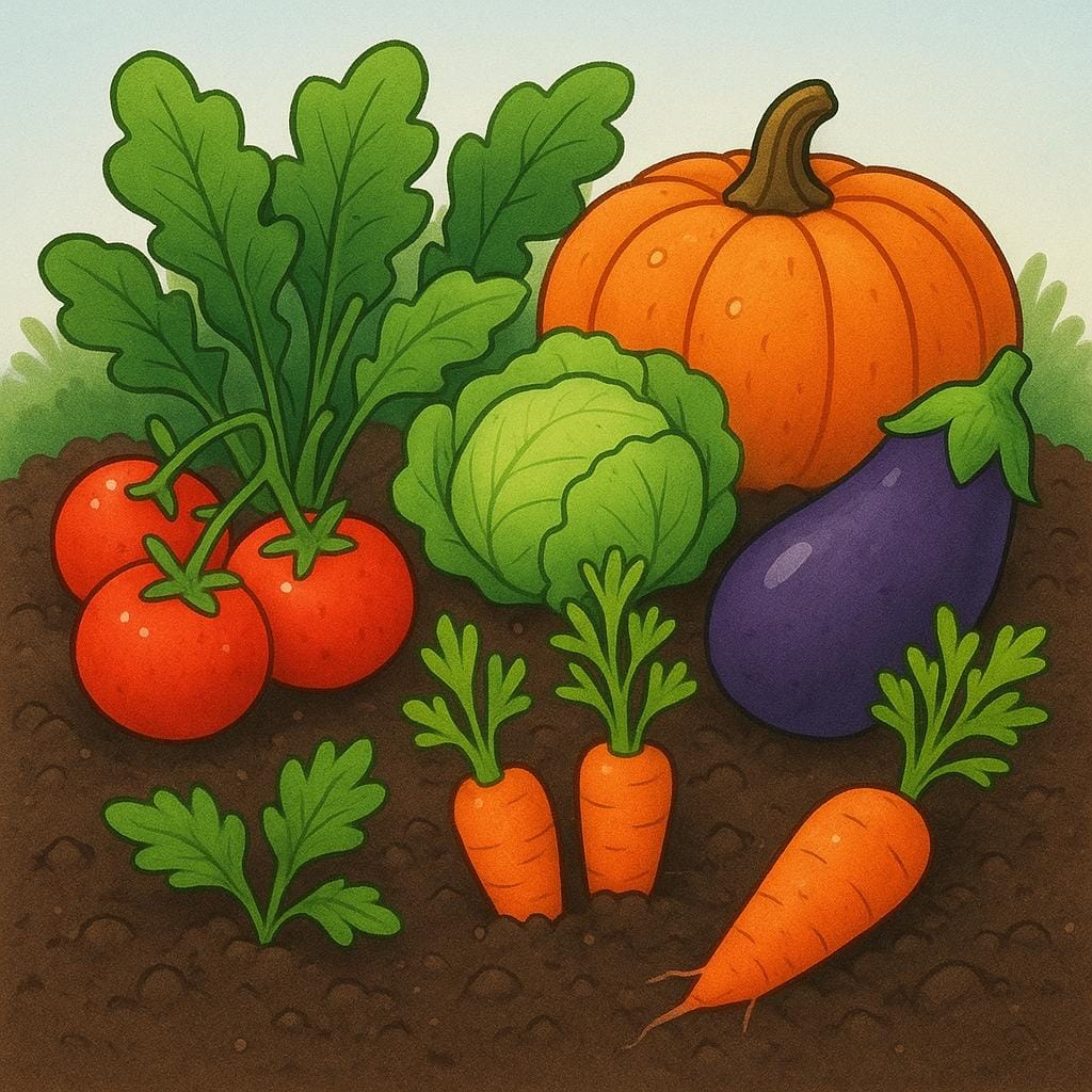 A storybook illustration depicting dark, fertile soil actively growing abundant, lush green plants and large, colorful vegetables.
