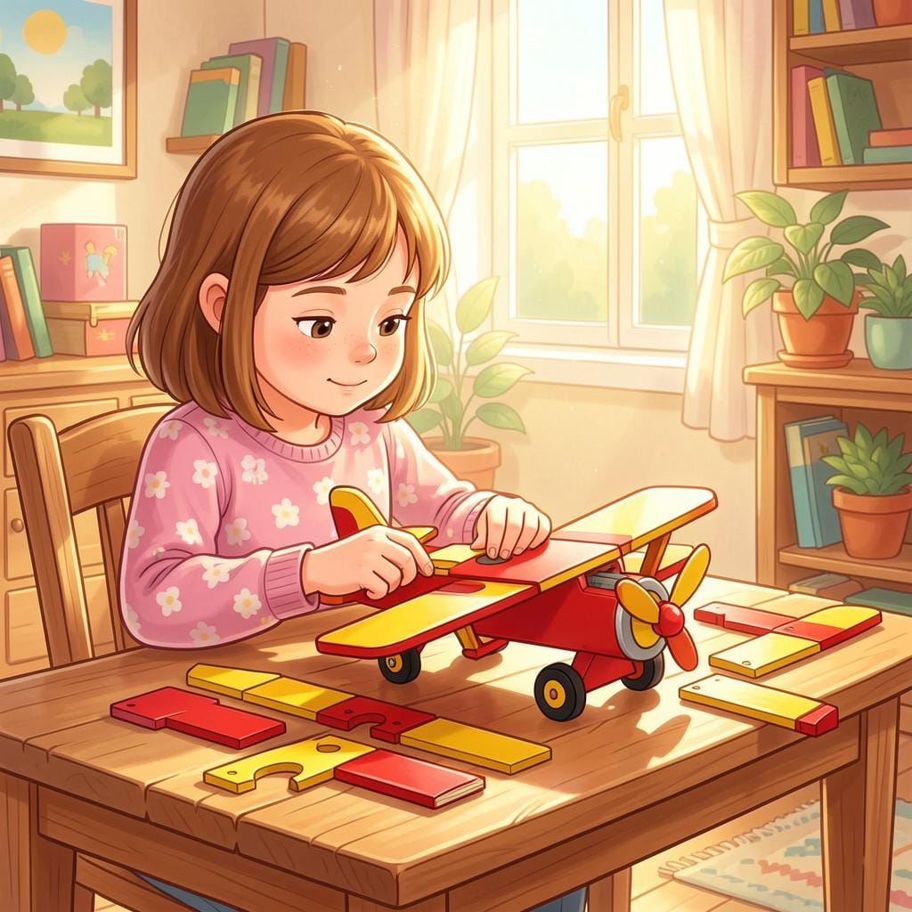 A young girl sitting at a wooden table carefully putting together a colorful wooden toy airplane.
