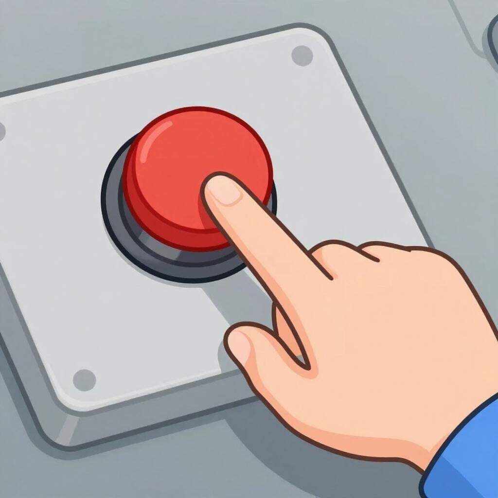 Une main appuyant sur un gros bouton rouge rond sur un panneau de contrôle simple.