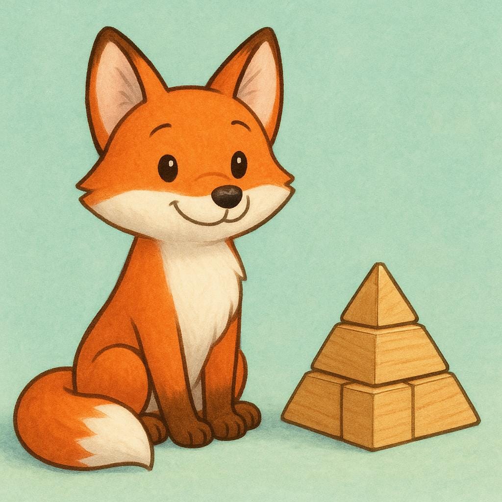 A smiling, anthropomorphic cartoon fox sitting proudly next to a perfectly solved wooden pyramid puzzle.
