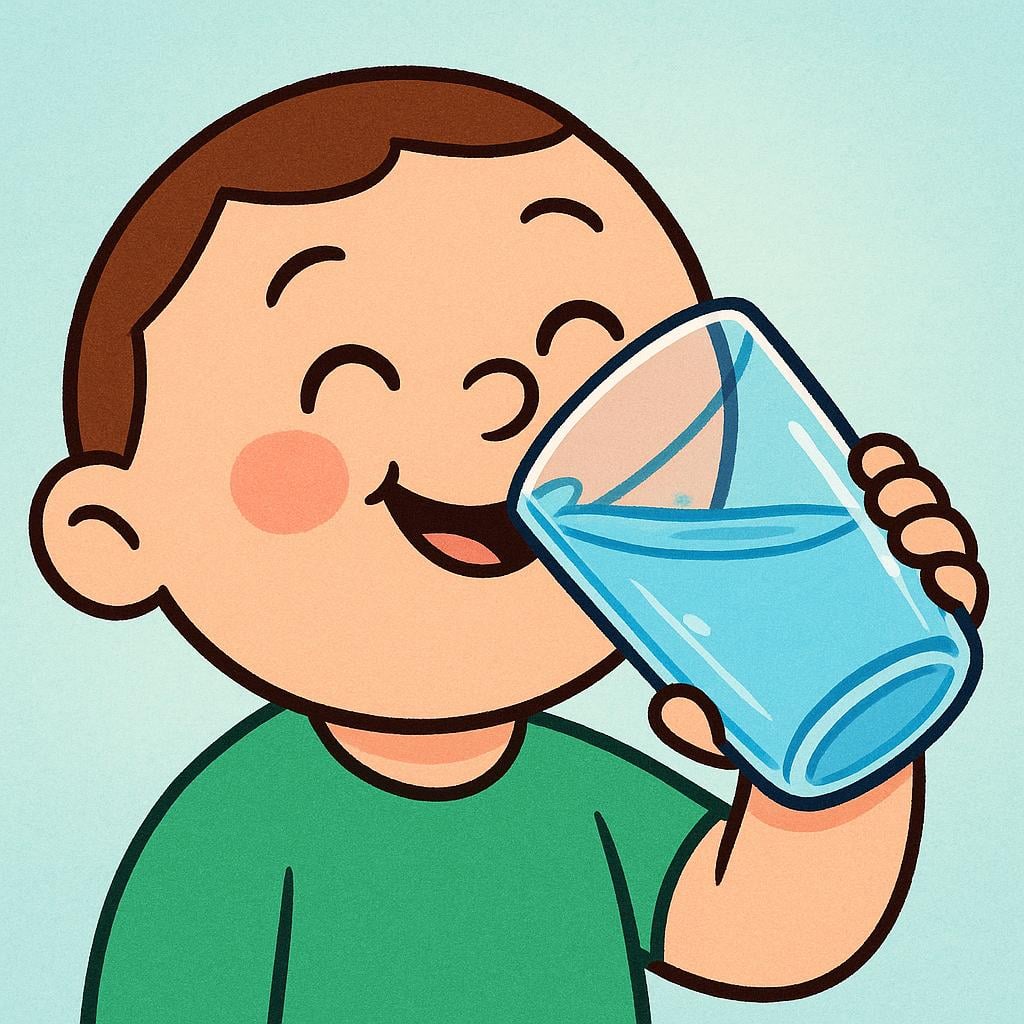A simple cartoon character smiling contentedly while drinking a tall glass of clear water, illustrating the act of quenching thirst.