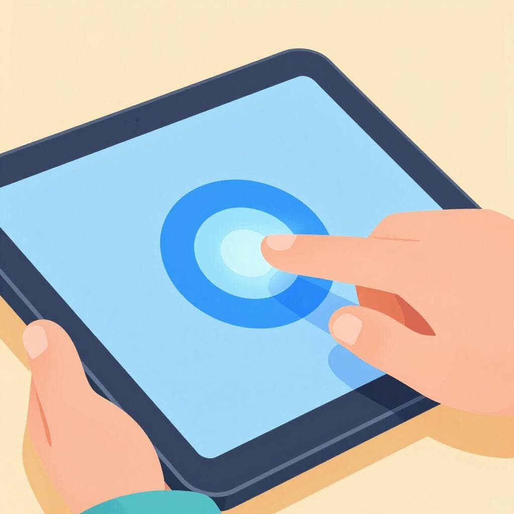 A friendly hand clicking a colorful icon on a glowing tablet screen.