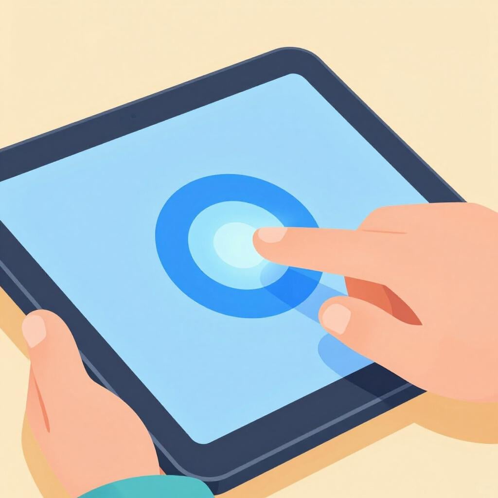 A friendly hand clicking a colorful icon on a glowing tablet screen.