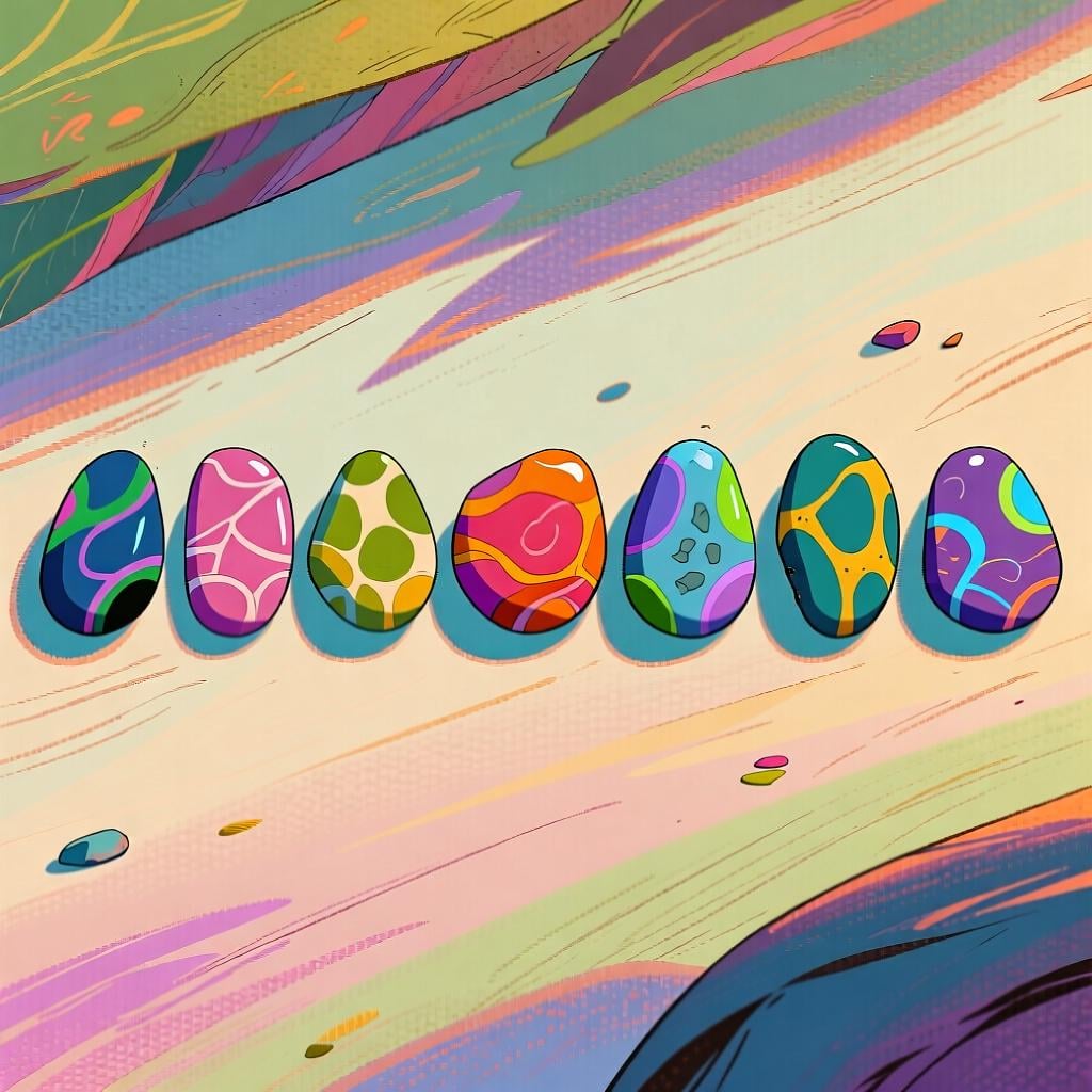 A horizontal row of seven uniquely colored, smooth stones arranged side-by-side, symbolizing the seven days of a week.