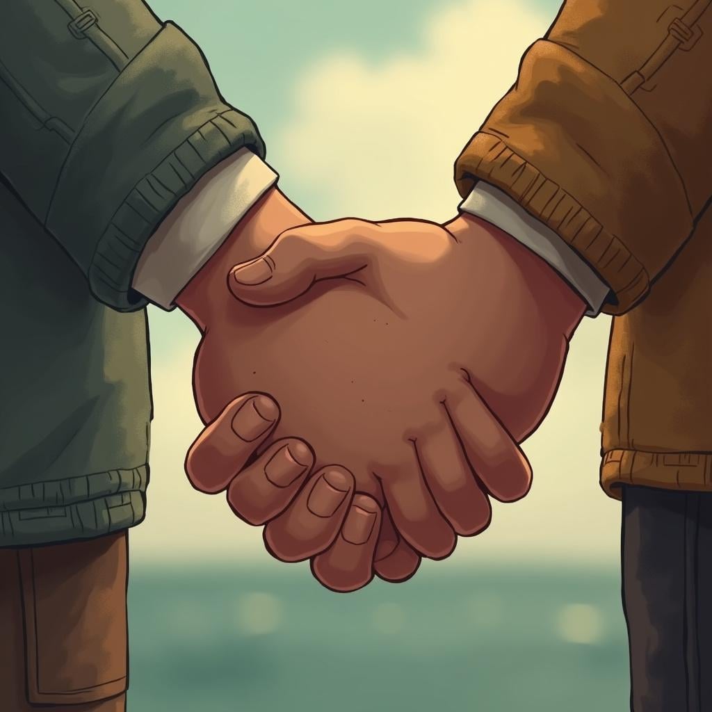 Two hands clasped together, one reaching down to pull the other up, symbolizing assistance or help.