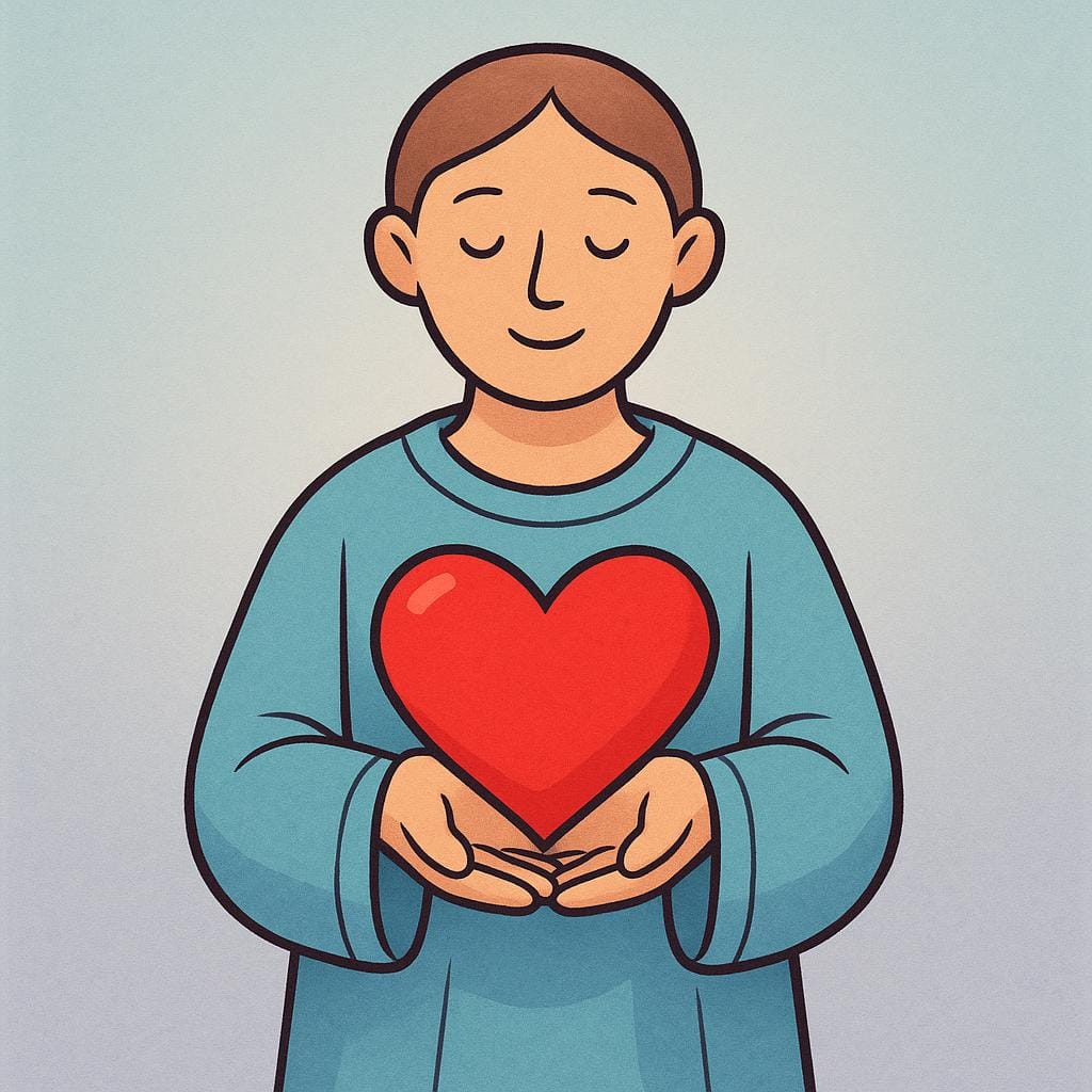 Une figure stylisée portant une robe, tenant doucement un seul grand cœur rouge dans ses mains.