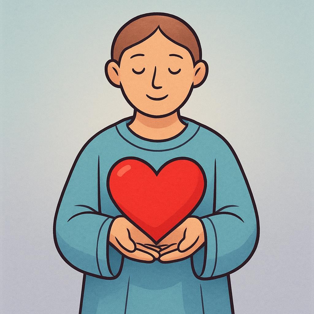 A simplified figure wearing a stylized robe, gently holding a single large red heart in their hands.
