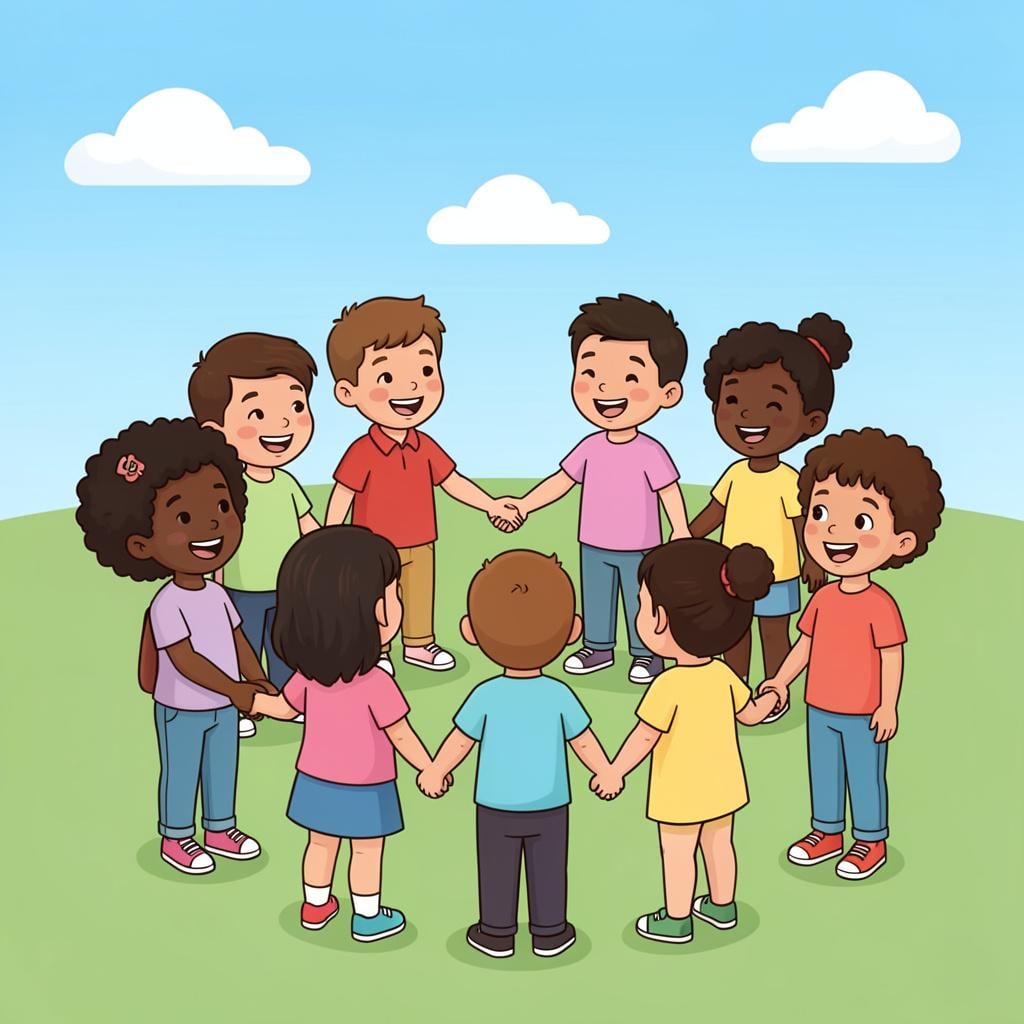 A group of diverse children standing in a circle, holding hands and smiling together.
