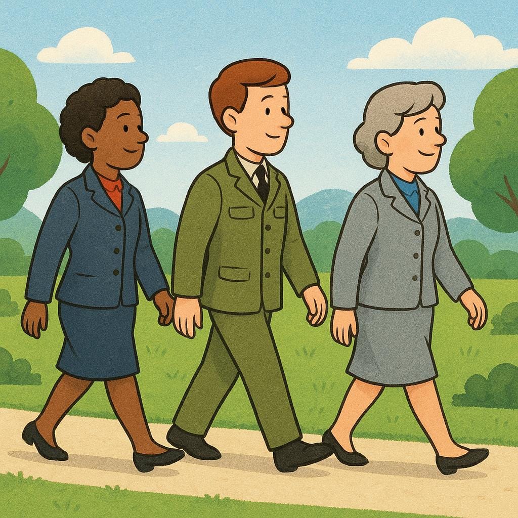 Three uniformed security guards walking together in a line across a path, suggesting a group tasked with surveillance.