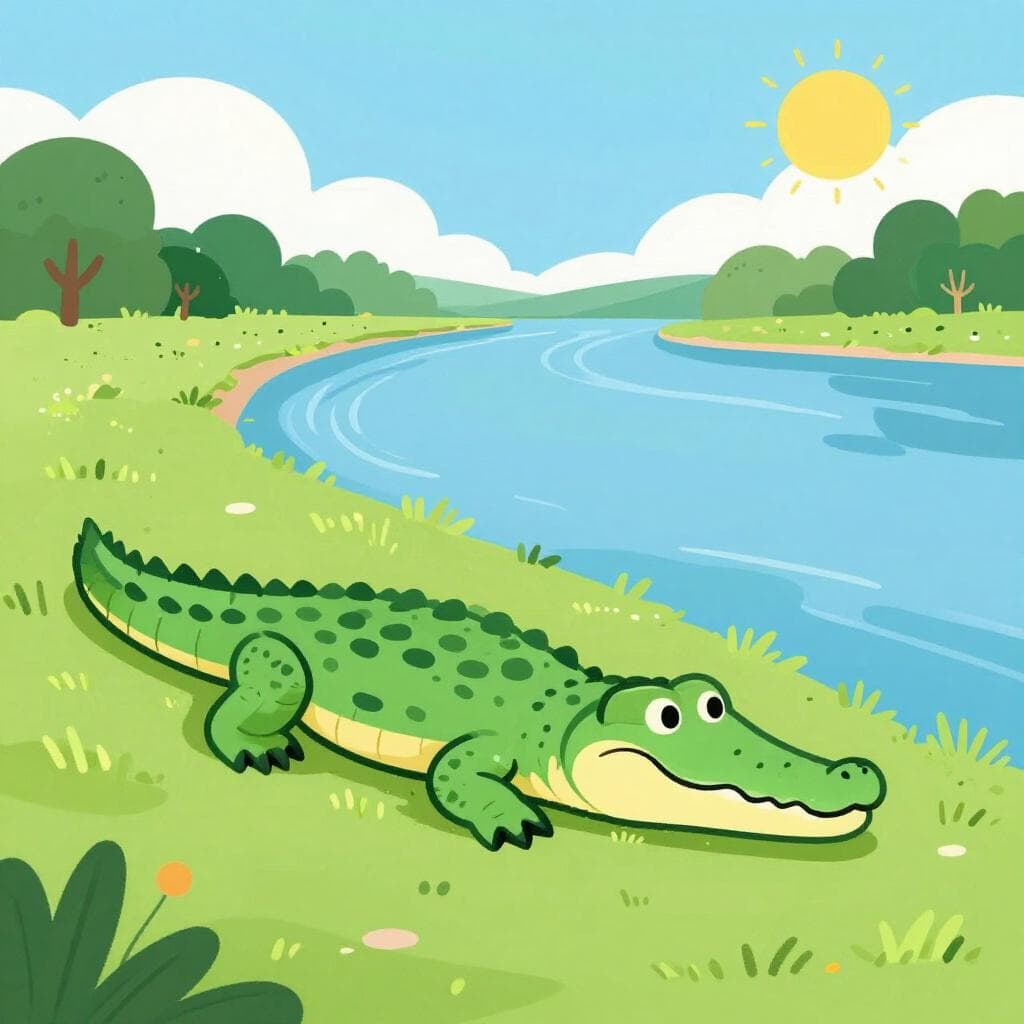 Un crocodile vert avec un long museau et une peau écailleuse se reposant sur la rive d'une rivière près de l'eau bleue.