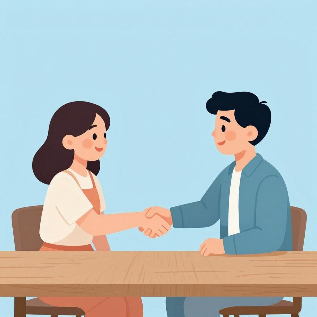 Two people shaking hands over a small wooden table to symbolize a mutual agreement.