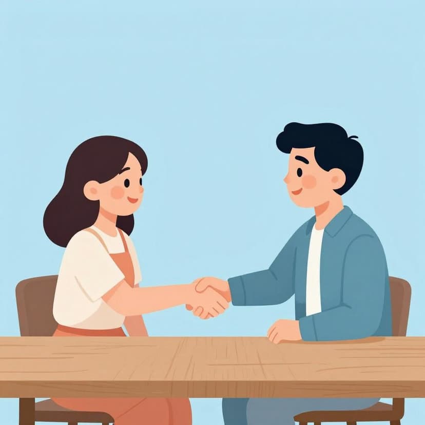 Two people shaking hands over a small wooden table to symbolize a mutual agreement.