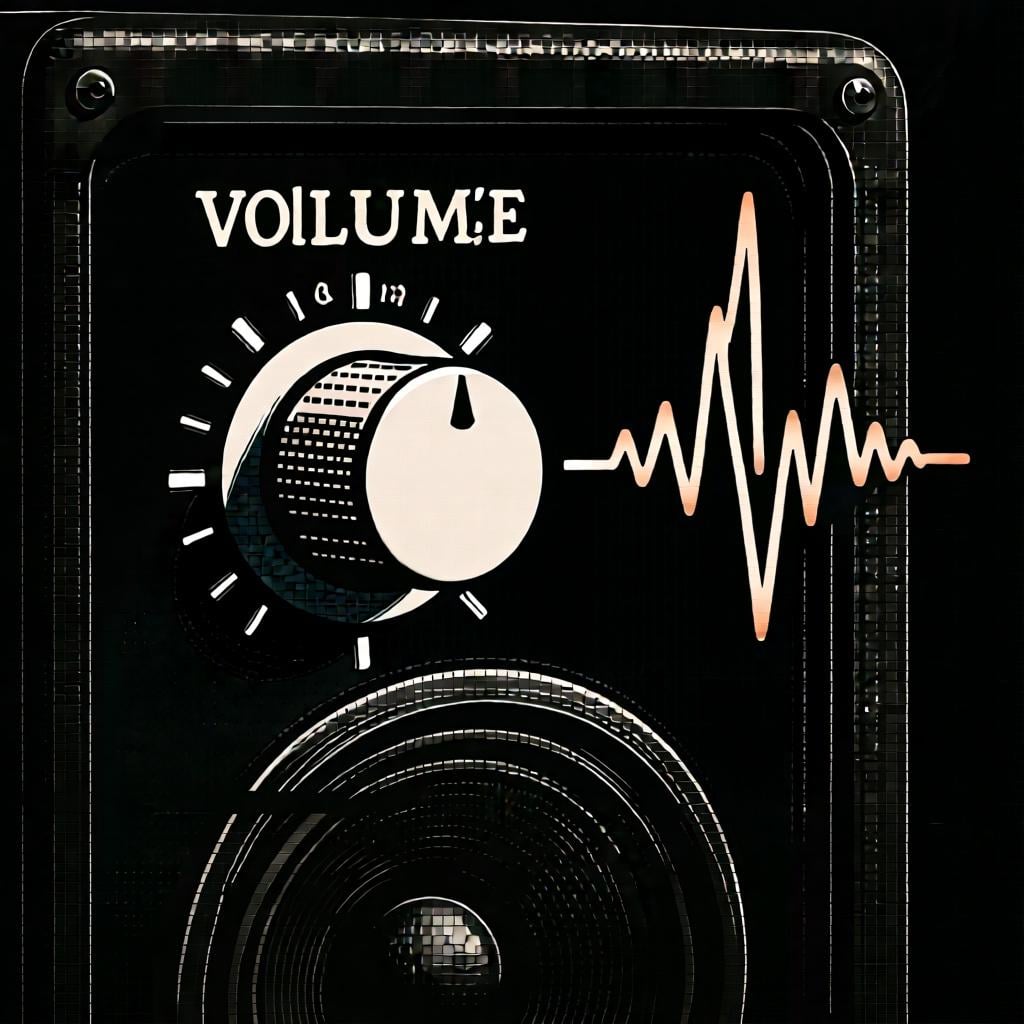 An illustration of a volume knob turned all the way up to the maximum level, with sound waves coming out.