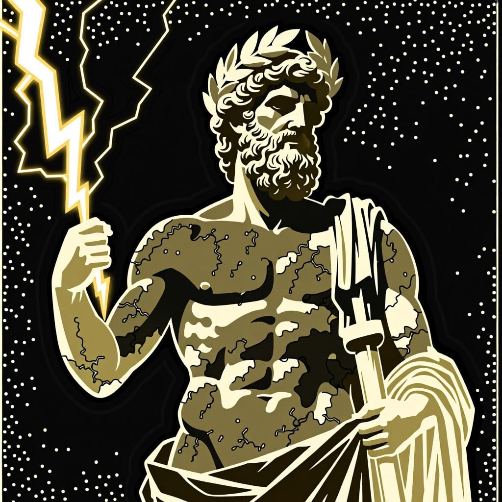 A classical marble statue of a Greek god, like Zeus or Apollo, representing one of many deities in a polytheistic religion.