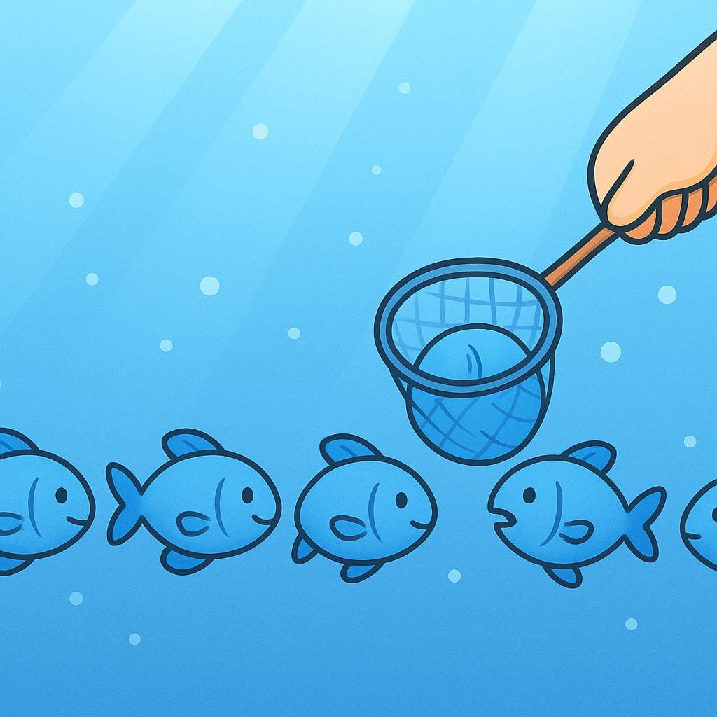 Seis pequenos peixes azuis idênticos nadando em fila indiana debaixo d'água. Uma mão de desenho animado simples desce de cima com uma rede e está pegando gentilmente o sexto peixe da fila.