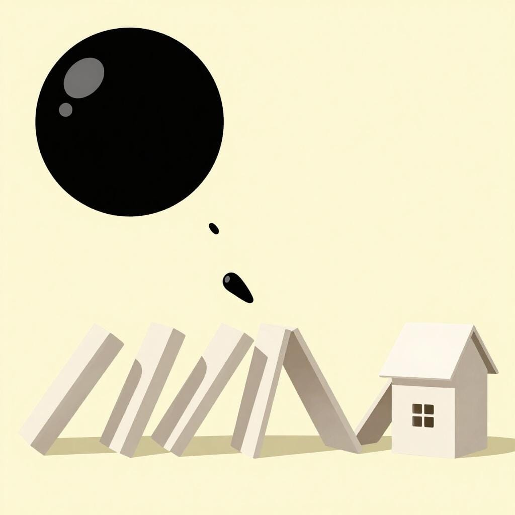 トランプでできた繊細な家を破壊する、大きくて重い金属球。