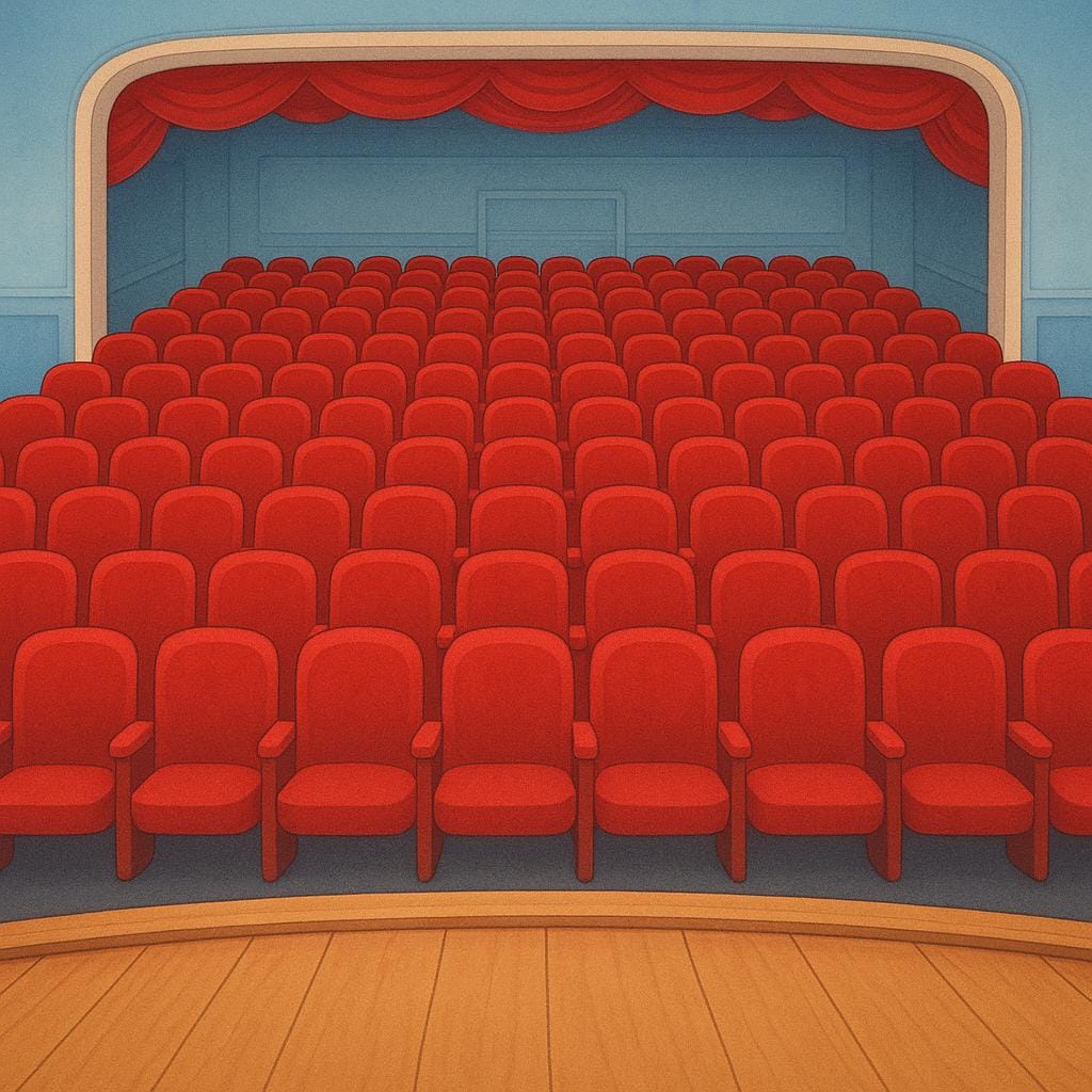 Uma vista em perspectiva do palco de um teatro olhando para inúmeras fileiras de assentos de veludo vermelho vazios que compõem a área de assentos principal.