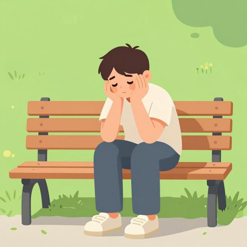 Une personne assise sur un banc de parc, la tête entre les mains, l'air très fatiguée.